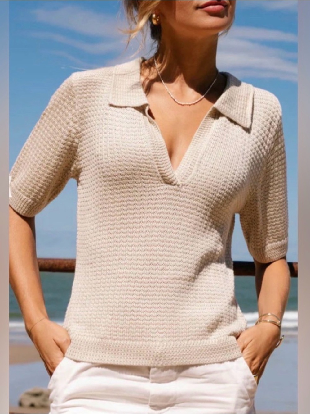 Ravella Waverly Knit Polo Silk & Cashmere in Ivory